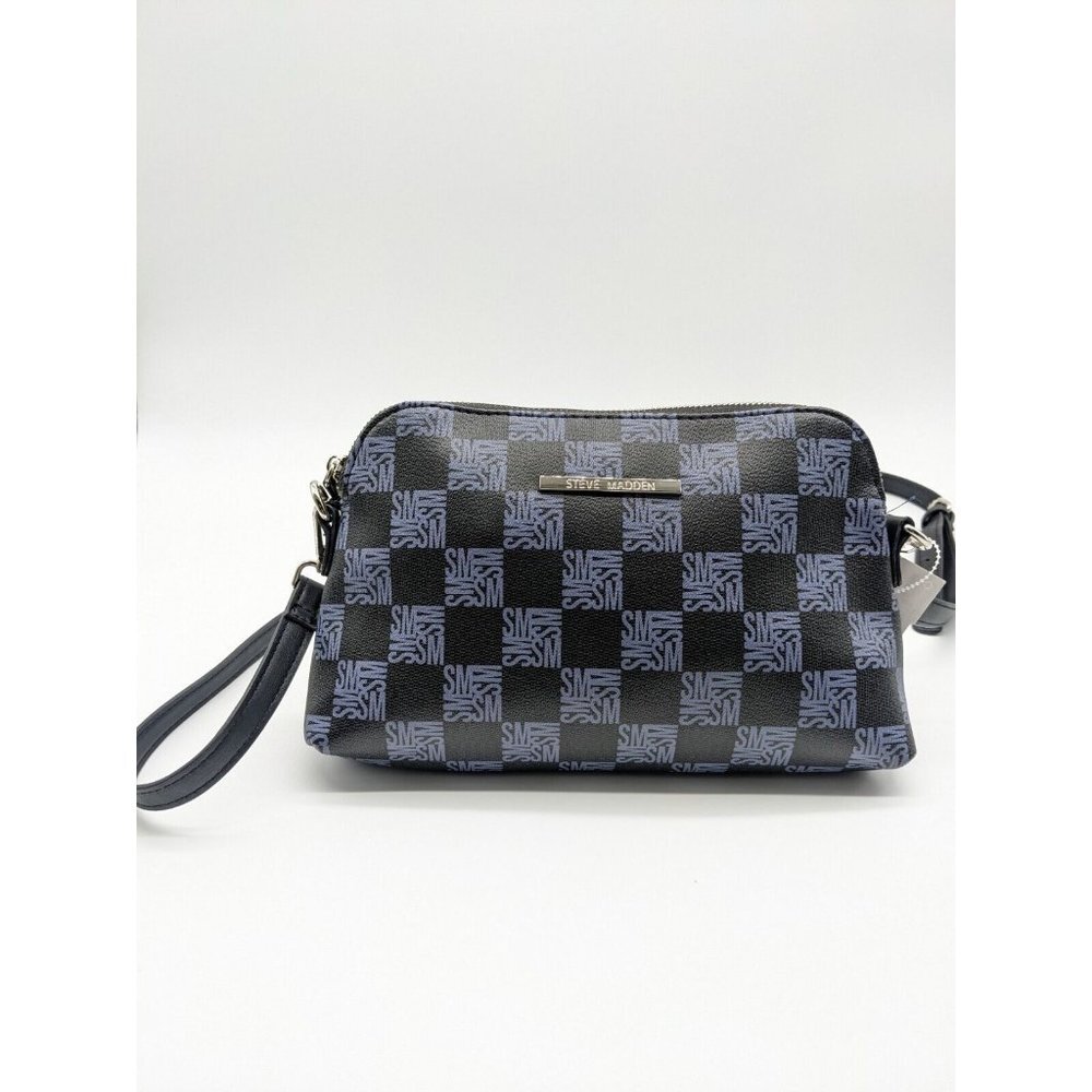 STEVE MADDEN Logo repeated faux-leather dome crossbody bag - BLACK /GREY